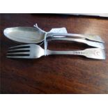 Two silver dessert spoons & 1 fork by Ely & Fearn with "Hand of Friendship" crest