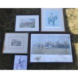 Five various hunting and racing prints