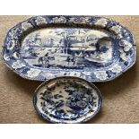 Good mid 19thC blue & white platter with similar plate