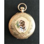 Superb 14ct gold and enamel ladies fob watch with portrait of a dog