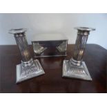 Pair silver candlesticks 13 cms high by Charles Stuart Harris 1901 and silver box 1937 (box 19.1 ozt
