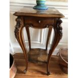 French walnut jardiniere stand with marble top and single drawer