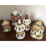 Two Staffordshire house money boxes and 3 pastille burners all 19thC