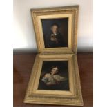 Pair 19th c oil on board portraits