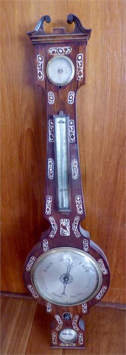 Good rosewood and mother of pearl mid 19th c five dial mercury barometer by I Grant of Hull