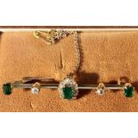 Fine quality unmarked bar brooch with emeralds and diamonds