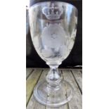 Superb engraved glass goblet with Jacobite rose, two buds and Lucifer with the House of Hanover