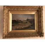 Oil on canvas landscape in gilt frame signed C H Bugg 1890 17 x 24cms
