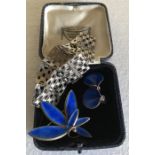 Silver bracelet and Norwegian silver and enamel brooch and earrings