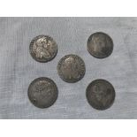 Five various coins to include George III, Two Charles II, Five francs and Dutch