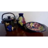 Moorcroft vase 20cm h, Moorcroft bowl 25 cm diam. and a Royal Stanley biscuit barrel