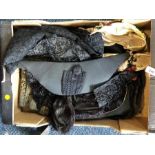 Interesting lot of vintage costume to include black lace shawl, 3 various hats and a beaded collar
