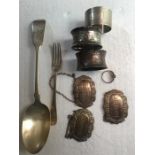 Silver spoon, napkin rings, decanter labels etc. 5.7ozt