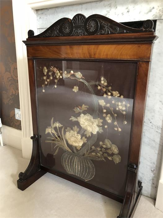 19th C mahogany fire screen with needlework panel