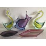 Five items of mid century glass including Murano, chip to fish tail, cockerel head, pink glass dish.