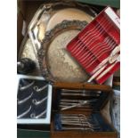 Boxed lot of plated ware to include trays, cutlery, sugar sifter etc.