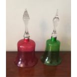 Two large Nailsea glass bells one green one cranberry 32cms high