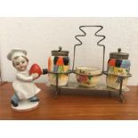 Ceramic and silver plate cruet set and continental ceramic figure