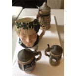 Royal Doulton toby jug, Bacchus together with 3 steins.