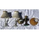 Miscellaneous lot to include brass oil lamp, brass kettle and two table lamps