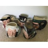 Five Royal Doulton toby jugs - 18cms h, Gaoler, Mad hatter, Dick Turpin, The lawyer and Robin Hood (