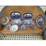 Ten blue and white plates including Spode etc