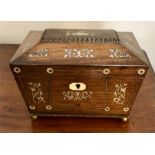 Mid 19th c rosewood tea caddy with mother of pearl inlay