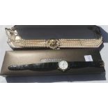 Boxed lotus pearl necklace and Raymond Weill gold plated ladies watch