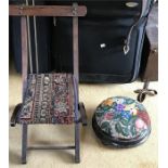 A folding chair and 19thC footstool