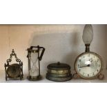 Three novelty clocks and a brass egg timer