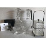 Six pieces of glassware to include hobnail cut pickle jar, two salts, pair of triple ring neck ring