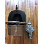 A 19th c copper coal scuttle with a pair of bellows