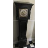 A dark oak grandmother clock, brass dial with barley twist sides - 159 cms tall