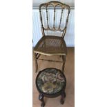 19th Century cane seated gilt Chair together with mahogany footstool with embroidered top