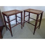 Pair 19thC turned mahogany high stools with caned seats