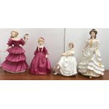 Four Royal Doulton figurines to include Angela (HN3690), Heather (HN2956), Grandmothers Dress (3081)