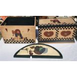 Three painted boxes and a wall plaque