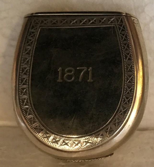 A silver plated vesta case of horseshoe form inscribed St. Leger, Hannah, registration mark for