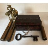 Miscellany including brass top spirit levels, small brass cased telescope, money box etc