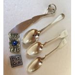Danish silver letter opener marked .925 together with 3 silver spoons and white metal brooch and a