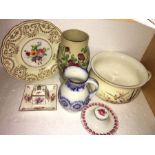 Ceramics including George Jones plate signed R. Cheadle, 2 19thC inkwells, Crown Ducal potty etc. (