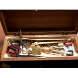 Box lot miscellanea inc. thimbles, scissors etc.