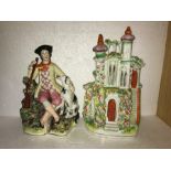 Two Staffordshire figures, house and huntsman. House 31cms h with nibbles.