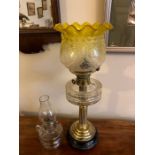 Oil lamp with brass Corinthian column and cracked coloured shade etc.