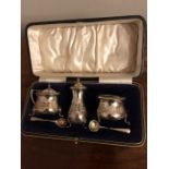 Silver condiment set in fitted case B'ham G W Lewis & Co.