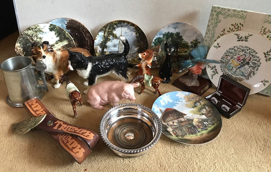 Miscellany including collectors plates, plated wine coaster with silver centre, Triumph belt etc.