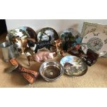 Miscellany including collectors plates, plated wine coaster with silver centre, Triumph belt etc.