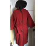 Vintage red wool coat, small darn with 1960s fur trimmed dress. Tear to fur at bottom.