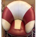 A red and white vinyl upholstered swivel tub chair with label P.C.L. collection `Relaxation`