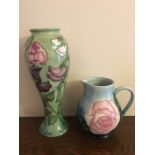Moorcroft sweet pea pattern vase 27cms h with rose pattern jug - slight grazing to glaze 14.5cms
